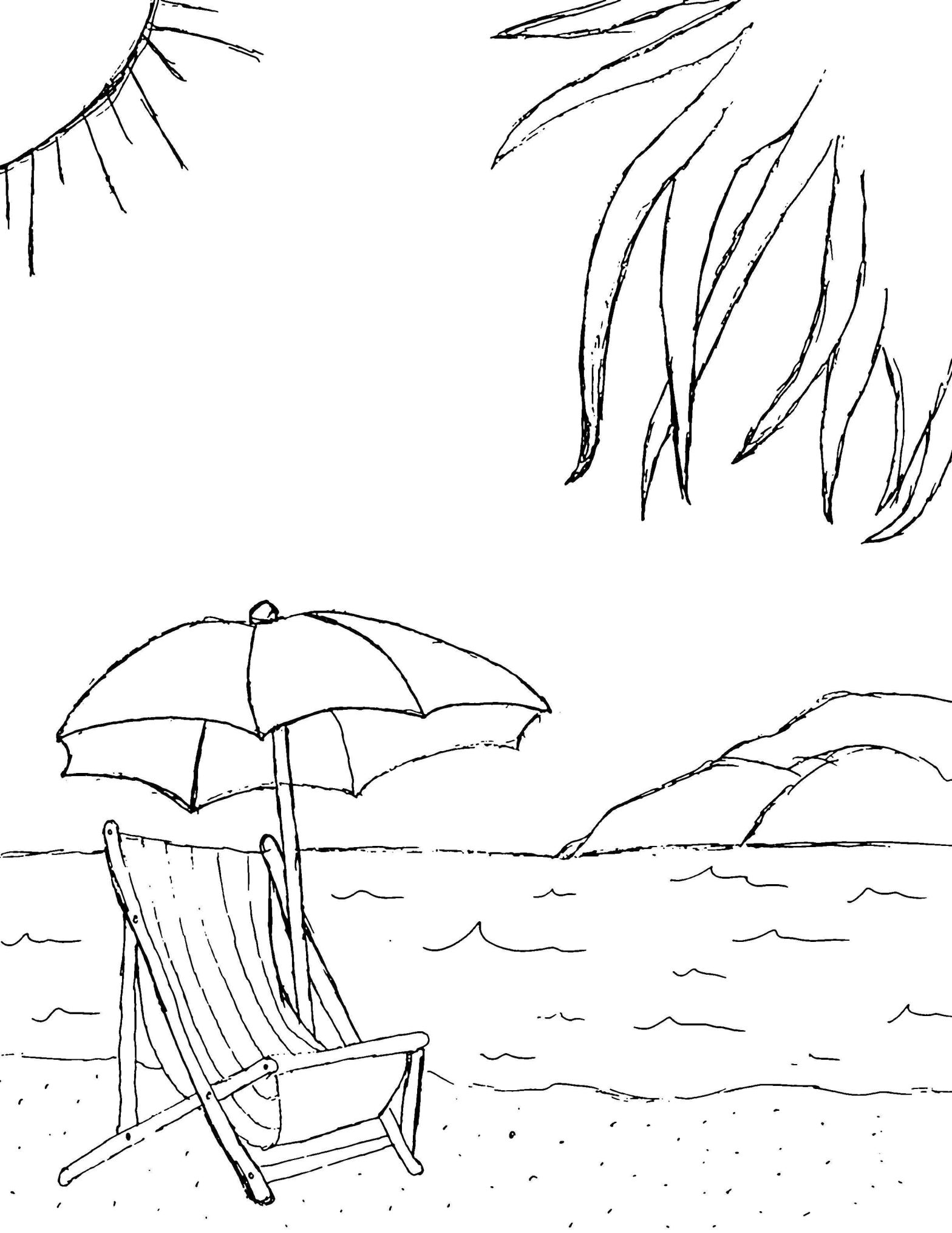 Раскраска летнего пляжа с шезлонгом и зонтом (отдых)