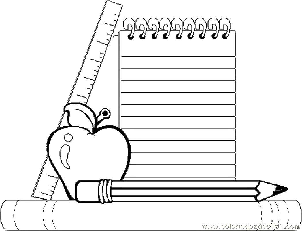 Раскраска с изображением книг, блокнотов, карандашей и линеек (книги)
