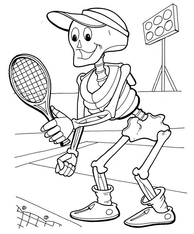Раскраска Скелета, играющего в теннис. Бесплатные раскраски для мальчиков (Скелет, теннис)