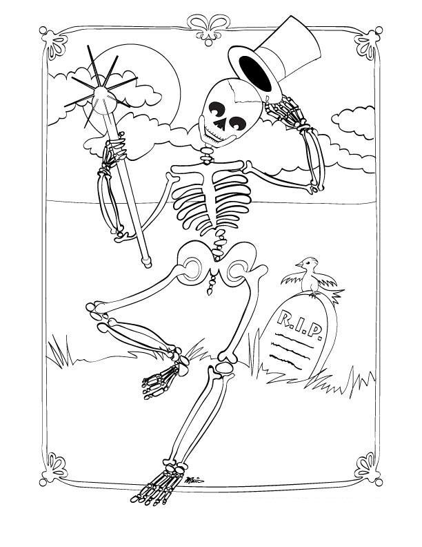 Раскраска со скелетом в шляпе, танцующим на могиле (скелет)