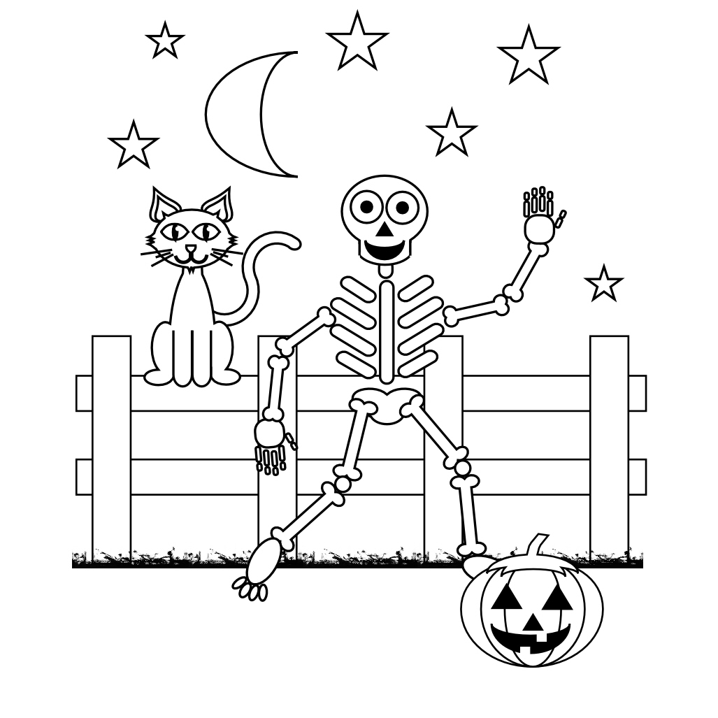 Раскраски для мальчиков: Скелет возле забора, кошка на заборе, тыква хэллуин (скелет, кошка, тыква, месяц, звезды)