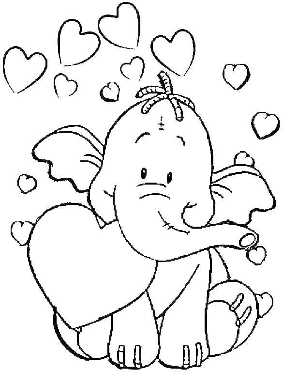 Раскраска животных: слон и сердце (слон, сердце)