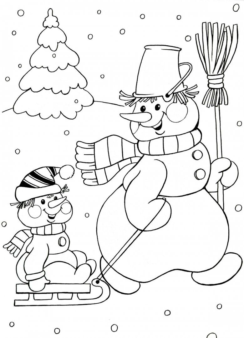 Снеговик катает снеговика на санках - зимние раскраски для девочек (зима, снеговик)