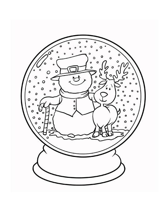 Снеговик с оленем в снежном шаре - раскраска на тему зима (зима, снеговик)