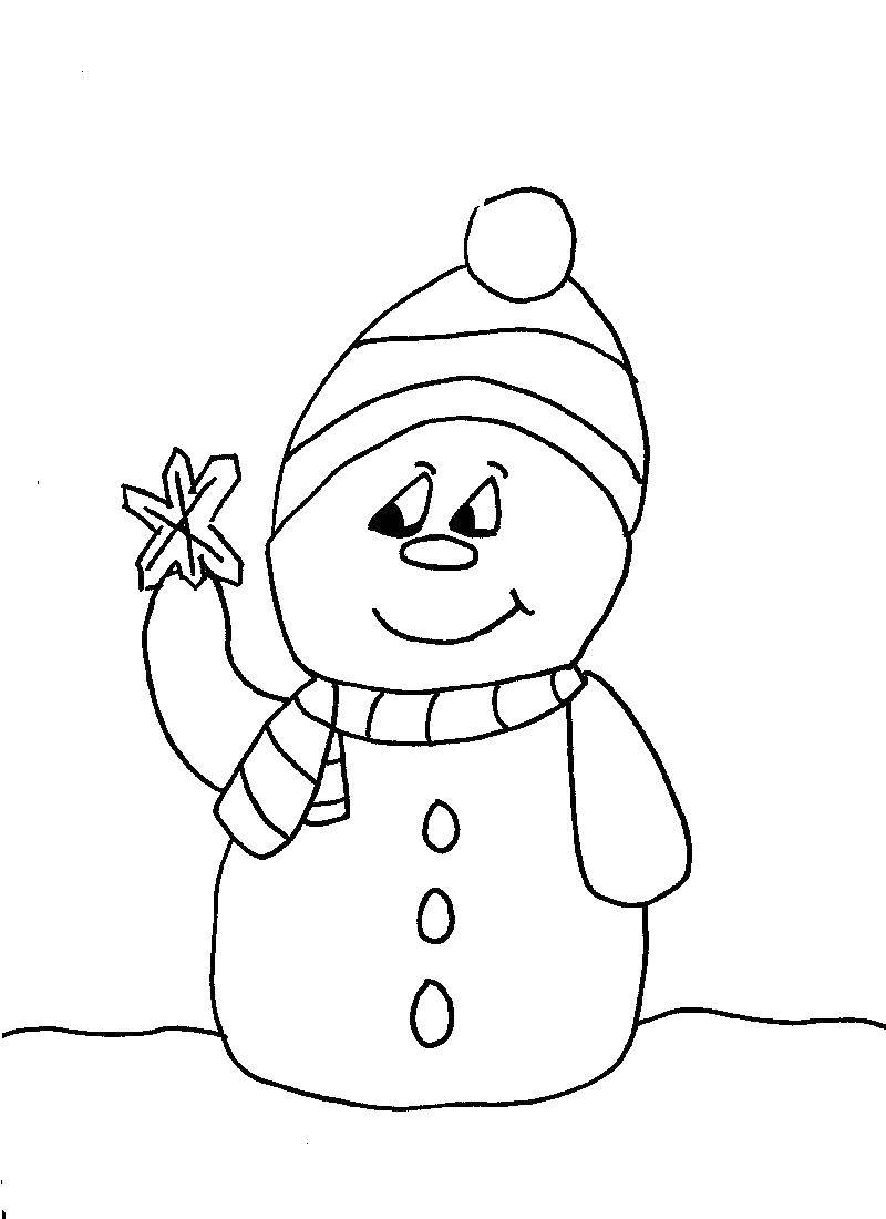 Раскраска с Рождественским снеговиком, шапкой и снежинкой (снеговик, снежинка)