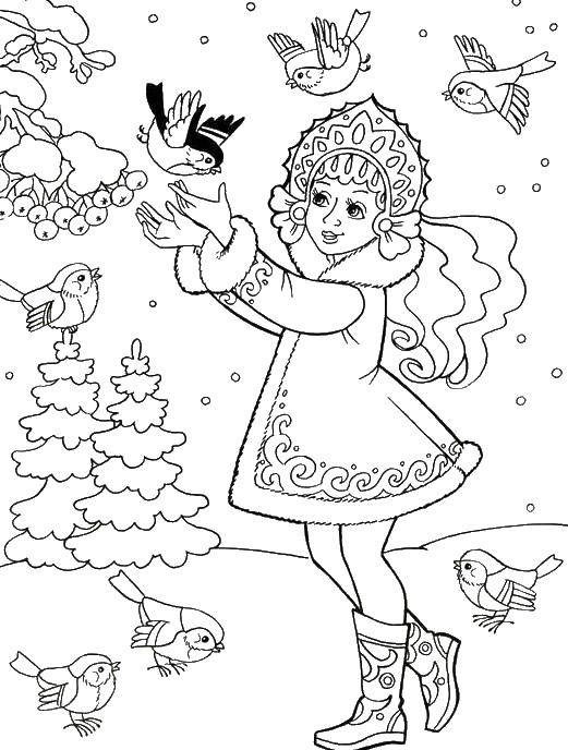 Раскраска открытки с новым годом снегурочка, елка, игрушки, птички (открытки, снегурочка, птички)