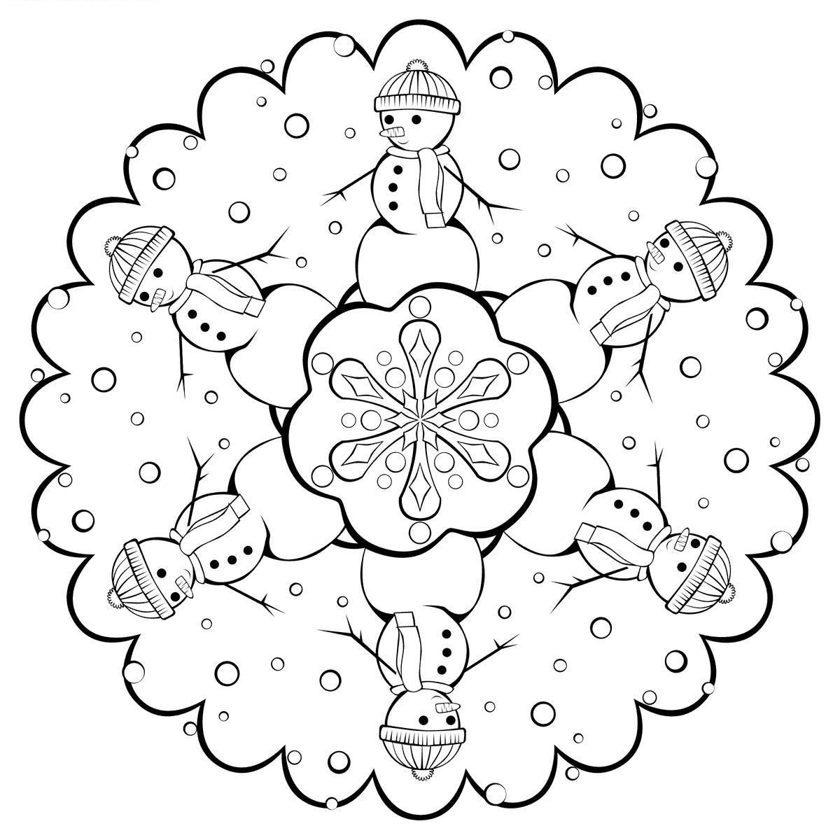Раскраска зима с снежинкой, снеговиком и цветком для распечатки бесплатно (снежинка, цветок)