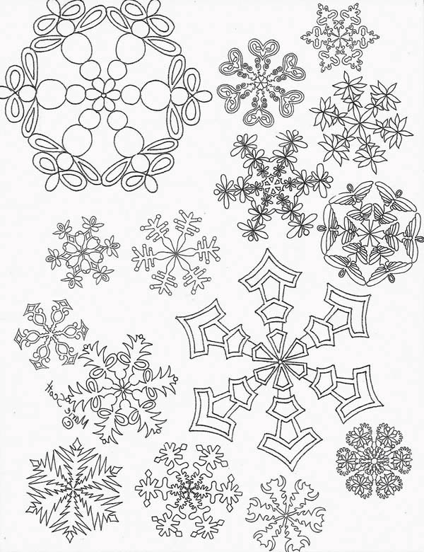 Раскраска с снежинками разных форм на тему зимы (зима, снежинки)