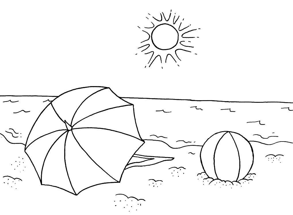 Раскраска на тему Летние развлечения - Пляж, зонт, море, закат (зонт, закат)