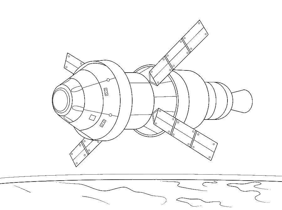 Раскраска космической ракеты Спутник на фоне звездного неба (ракеты, Спутник)
