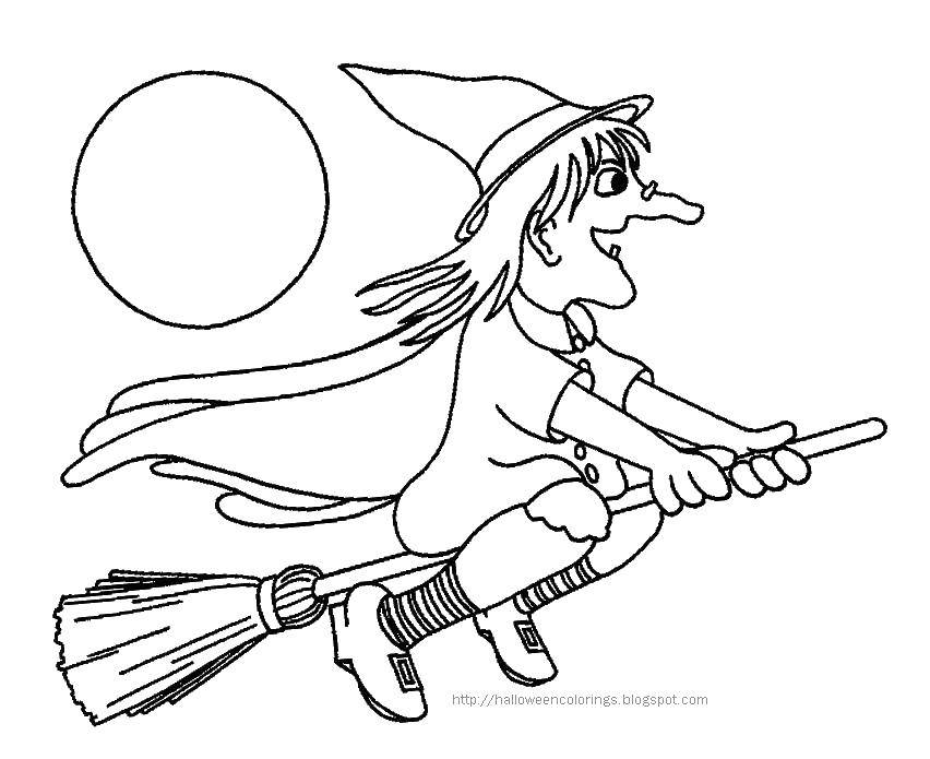Раскраска ведьма на метле для Хэллоуина (ведьма, метла, ночь)