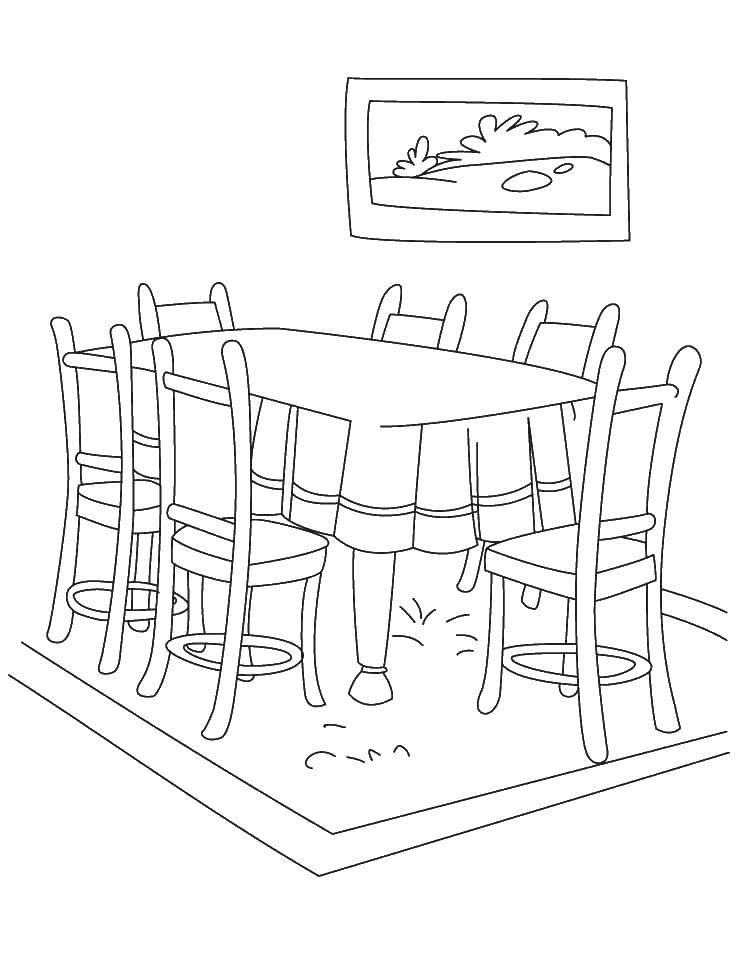 Раскраска гостиная стол, стулья, картина, скатерть для детей (гостиная, стол, стулья, скатерть)