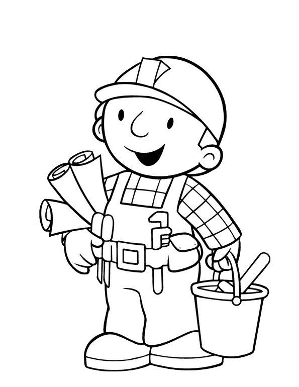 Раскраска для мальчиков: Строитель с ведром, инструментами и планом