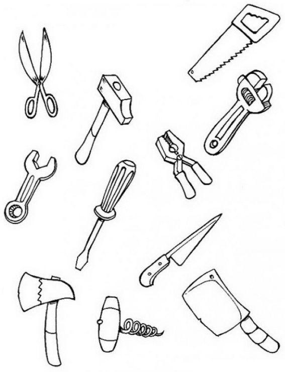 Раскраски на тему строительных инструментов для мальчиков (строительные, топор, молоток)