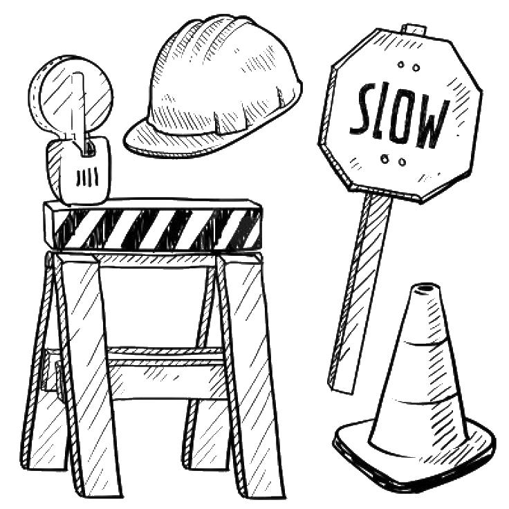Раскраска с изображением строительной каски и средств для перекрытия дороги (каски, дороги, средства)