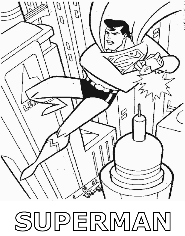 Раскраска для мальчиков: Супермен летит над домами (Супермен)
