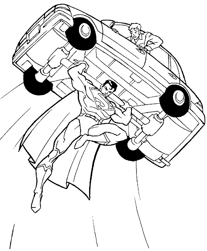 Раскраска Супермен поднимает машину для мальчиков (Супермэн)