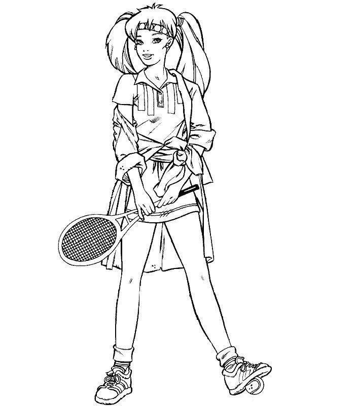 Раскраски для мальчиков - девушка с хвостиками и ракеткой в руках играет теннис (теннис)
