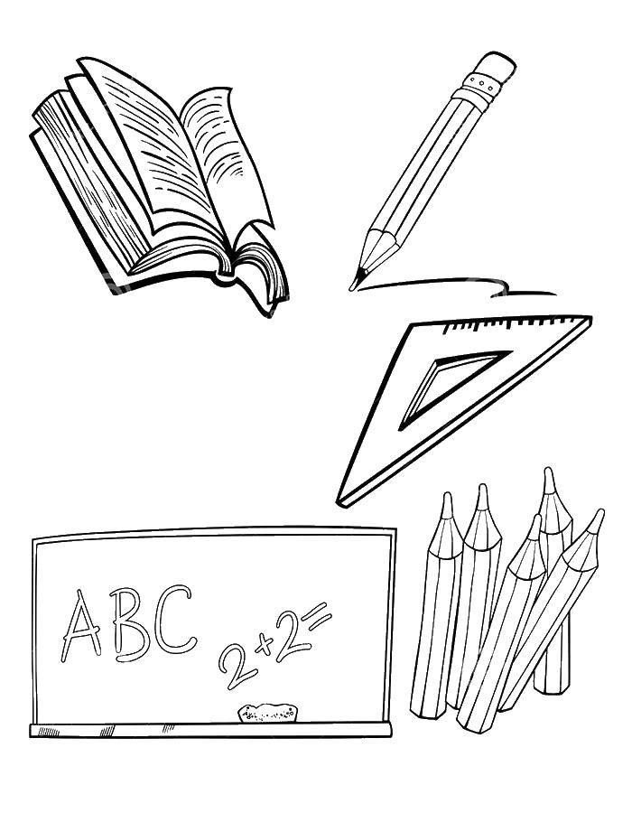 Раскраска школьных принадлежностей для детей (школьные, принадлежности, дети, тетрадь, карандашы)