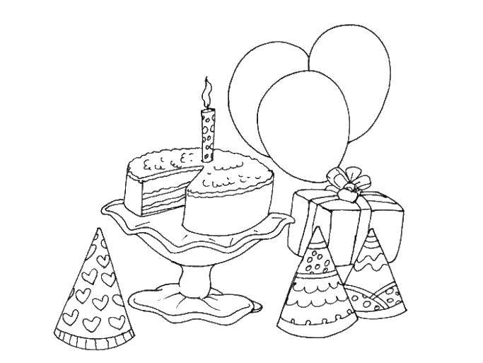 Раскраска торта со свечками и подарками (торт)