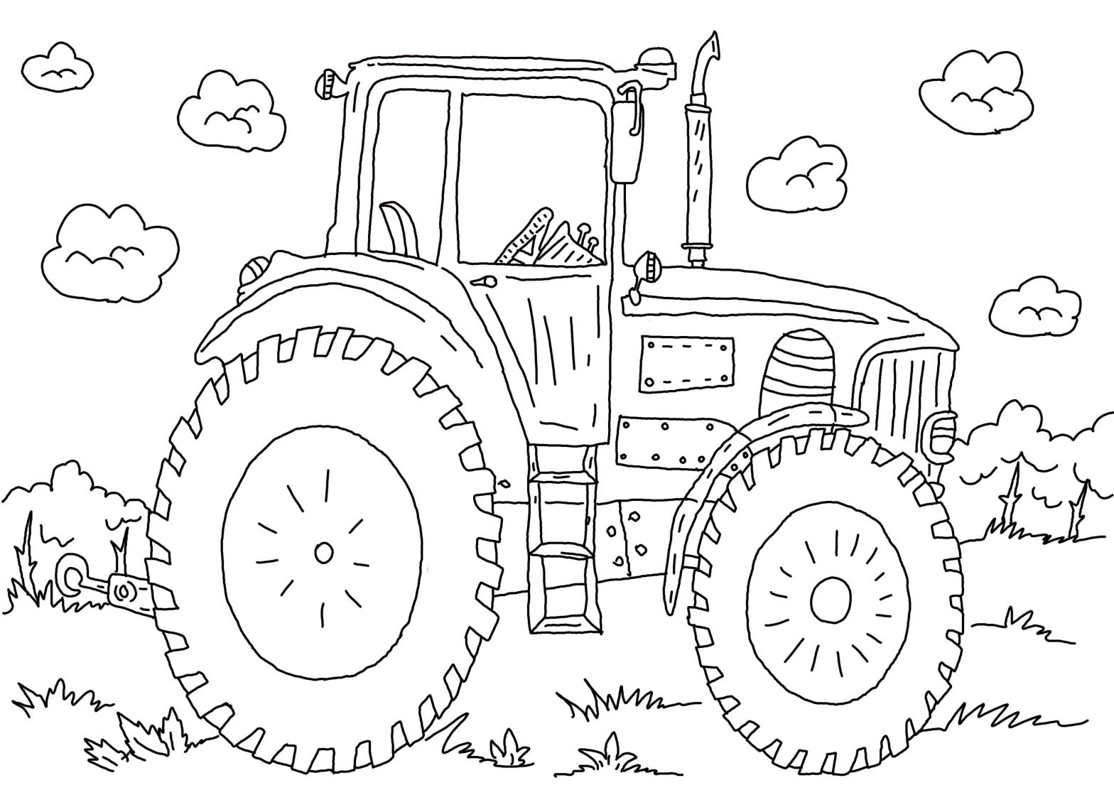 Раскраска трактора на поле с колесами для детей (трактор, поле, колеса)