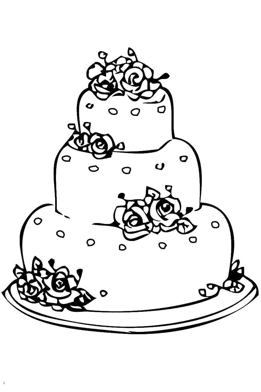 Раскраска с тортом, тарелкой и цветами (торты, цветы)
