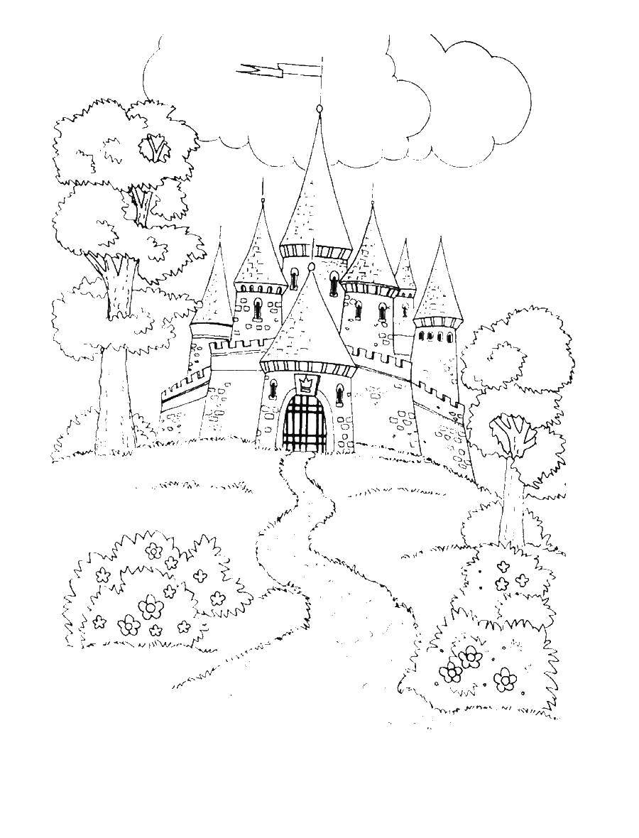 Раскраска замка Замок окруженного водой и башнями (замки, башни)