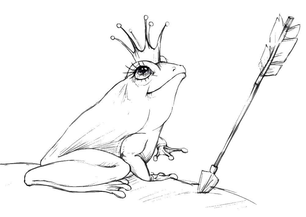 Раскраска с изображением лягушки, короны и стрелы (сказки, лягушка, стрела)