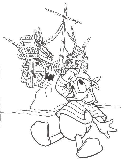 Раскраска утки, корабля и морячки для детей (мультики, утка, корабль, морячка, дети)