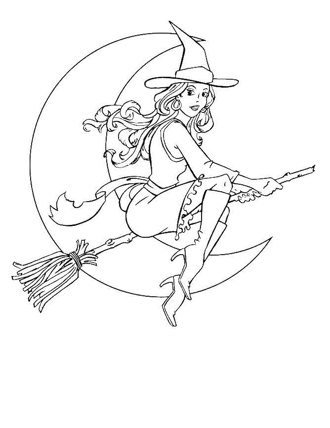 Раскраска ведьма на метле для девочек и мальчиков (ведьма, метла)