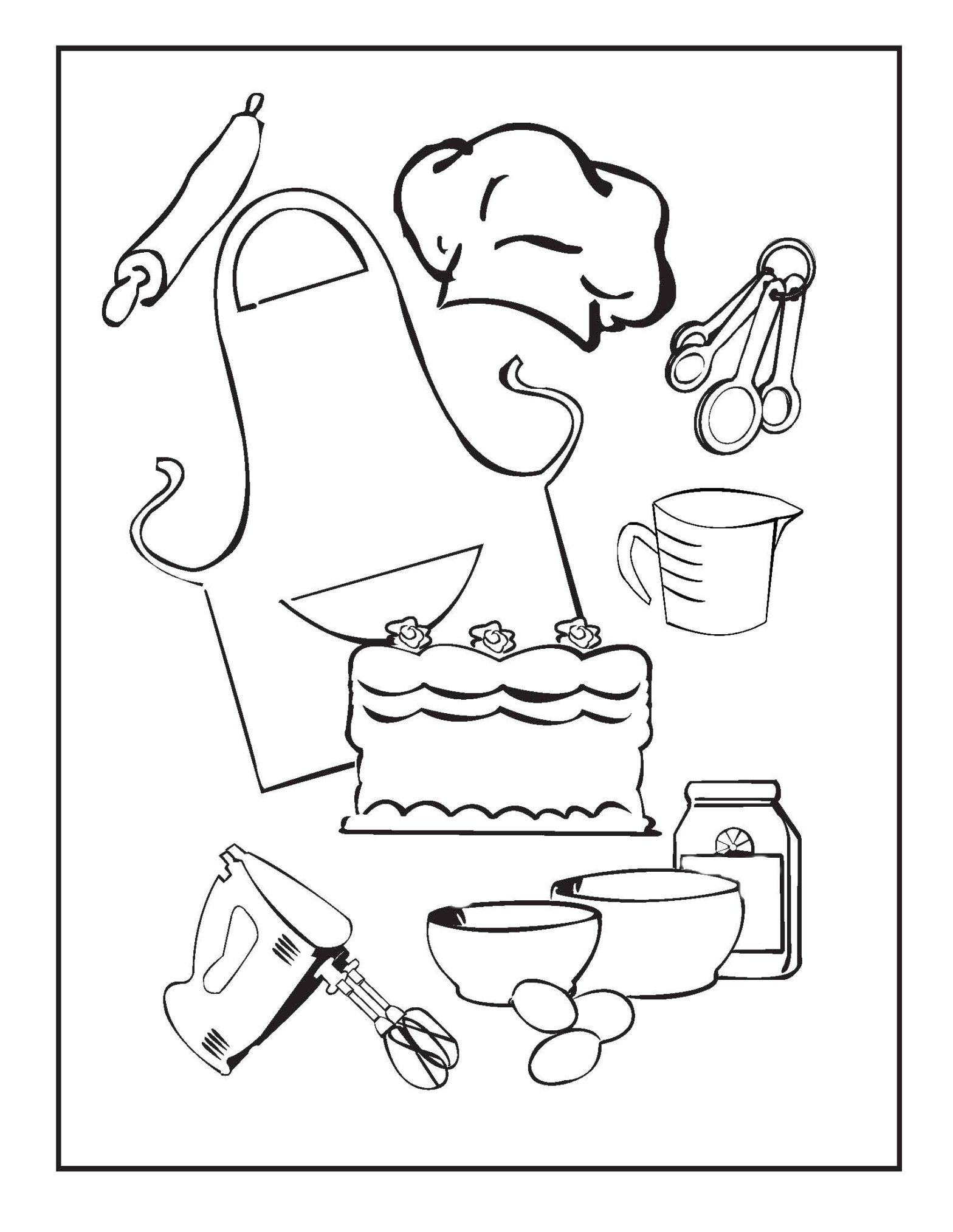 Раскраска Кухня фартук, колпак, миксер, ложки для детей (кухня, ложки)
