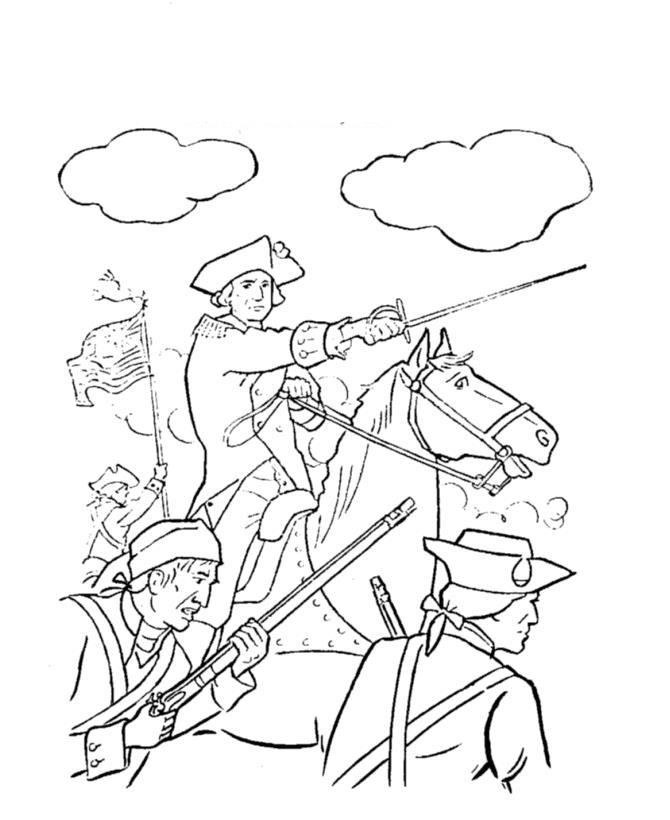 Раскраска с изображением Георга Вашингтона на лошади во время войны - развивающее занятие для мальчиков