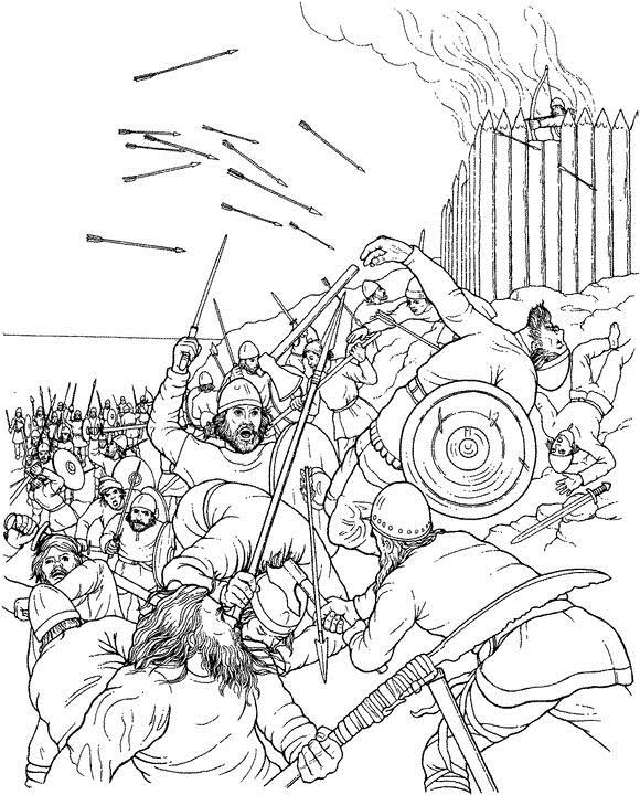 Раскраска с изображением воинов, мечей, луков и стрел (война, луки, стрелы)