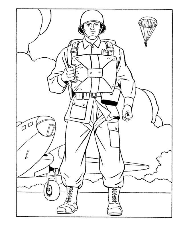 Раскраски с изображением солдат парашютом во время войны для мальчиков