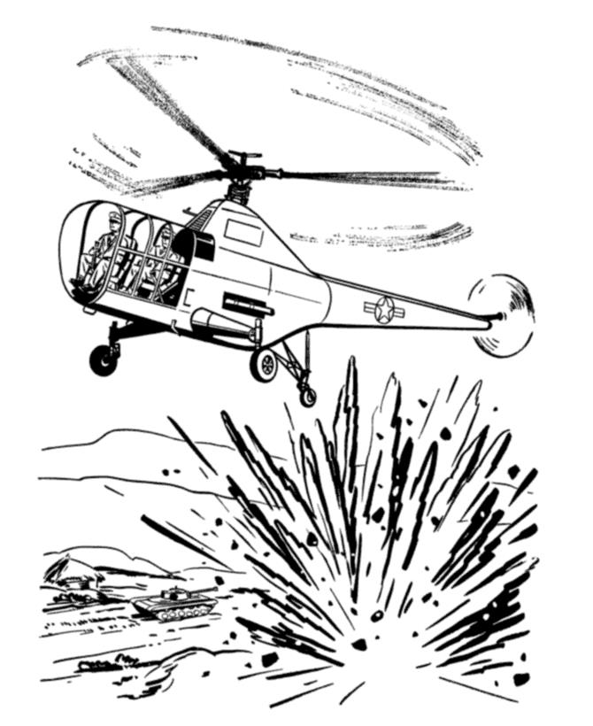 Раскраски для детей мальчиков: Война, вертолет с солдатами, взрыв (вертолет, взрыв)