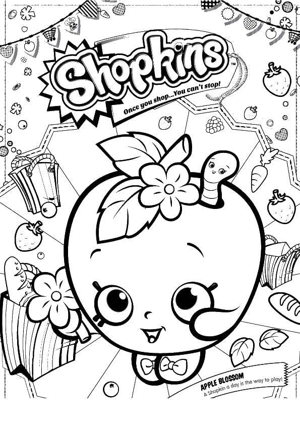 Раскраска с изображением еды, сладостей и персонажей мультфильма Шопкинс, включая яблоко (еда, сладости, шопкинс, яблоко, развивающие, дома)