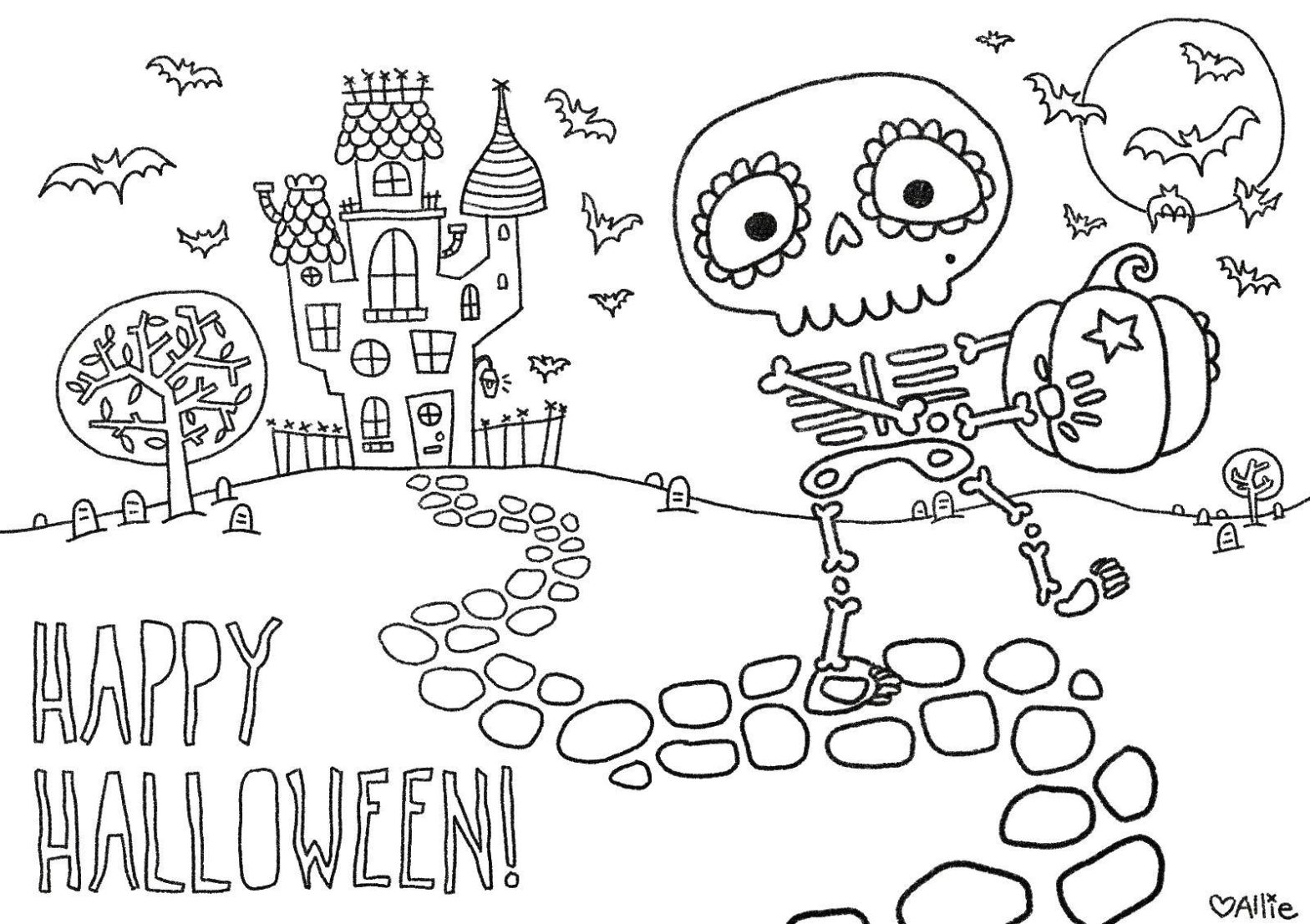 Раскраски Хэллоуин со скелетом, тыквой, летучими мышами и замком (скелет, замок, развивающие)