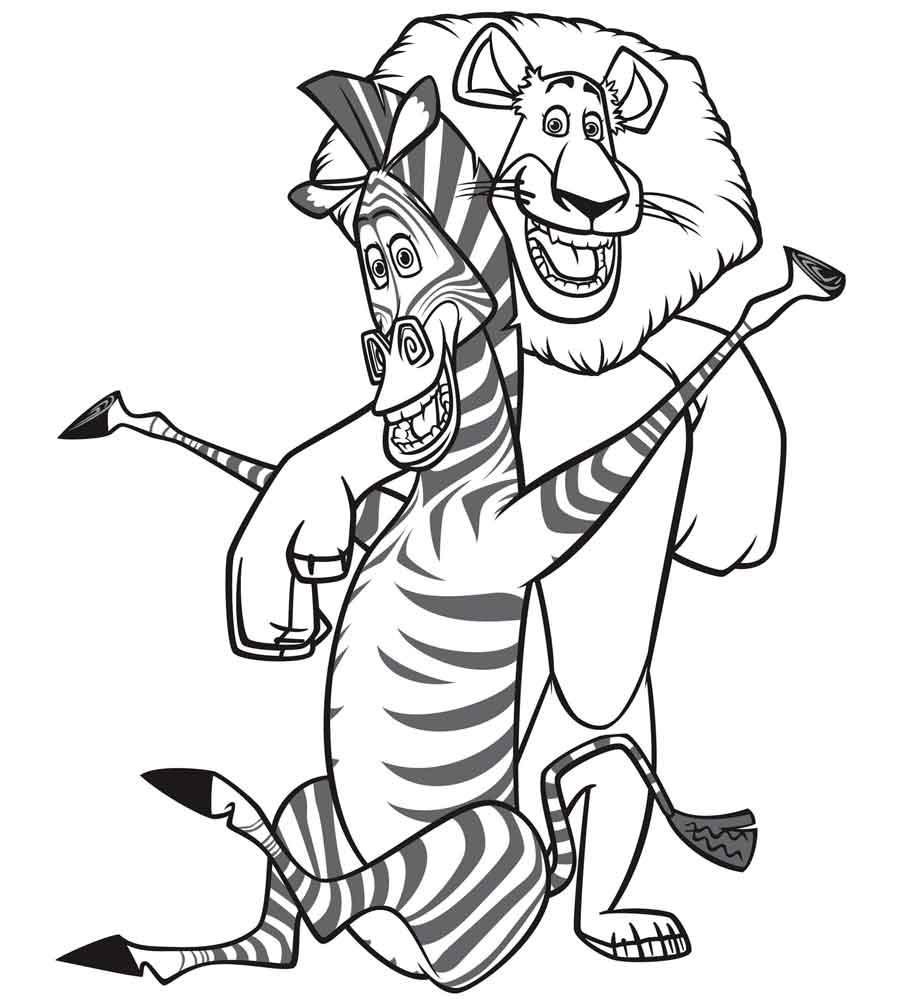 Раскраски Зебра и Лев из мультфильма Мадагаскар для мальчиков бесплатно (зебра, лев, мадагаскар, мальчики)