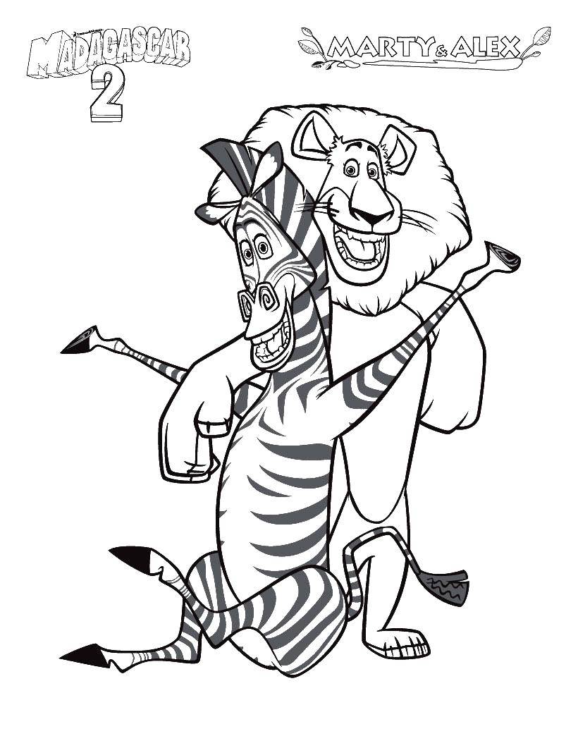 Раскраска с Мадагаскаром: зебра Марти и лев Алекс (зебра, лев)