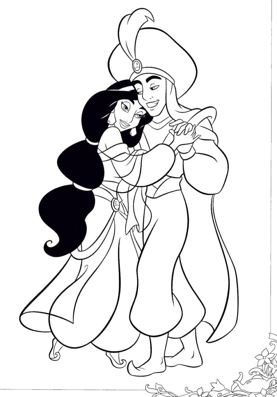 Раскраска принцессы Алладин и Жасмин для девочек (принцессы, Алладин, Жасмин)