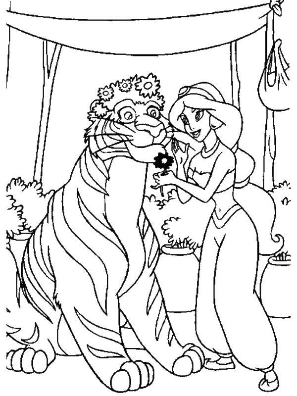 Раскраска с Жасмин, принцесса из Диснеевских мультфильмов (жасмин, принцесса, мультфильмы, развивающие, красивые)