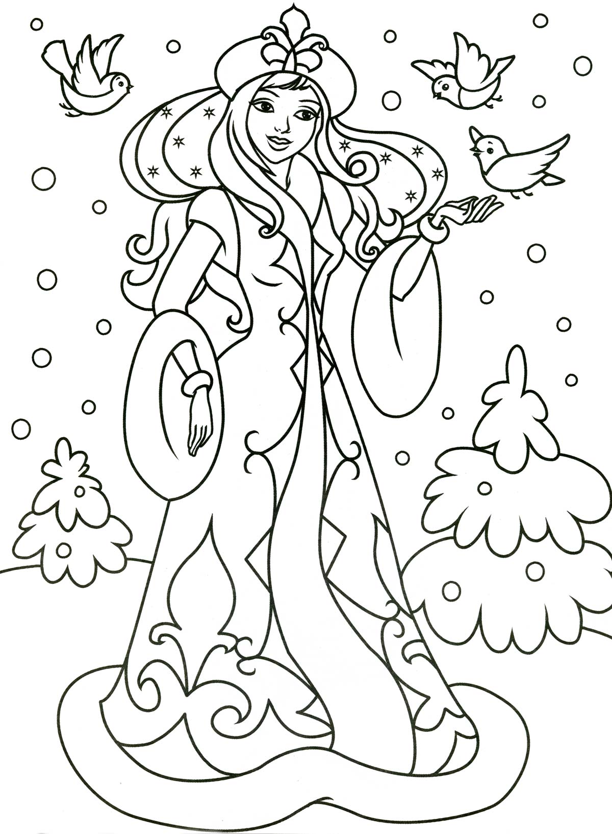 Раскраска зима с снегурочкой и птицами для девочек мальчиков (зима, снегурочка)