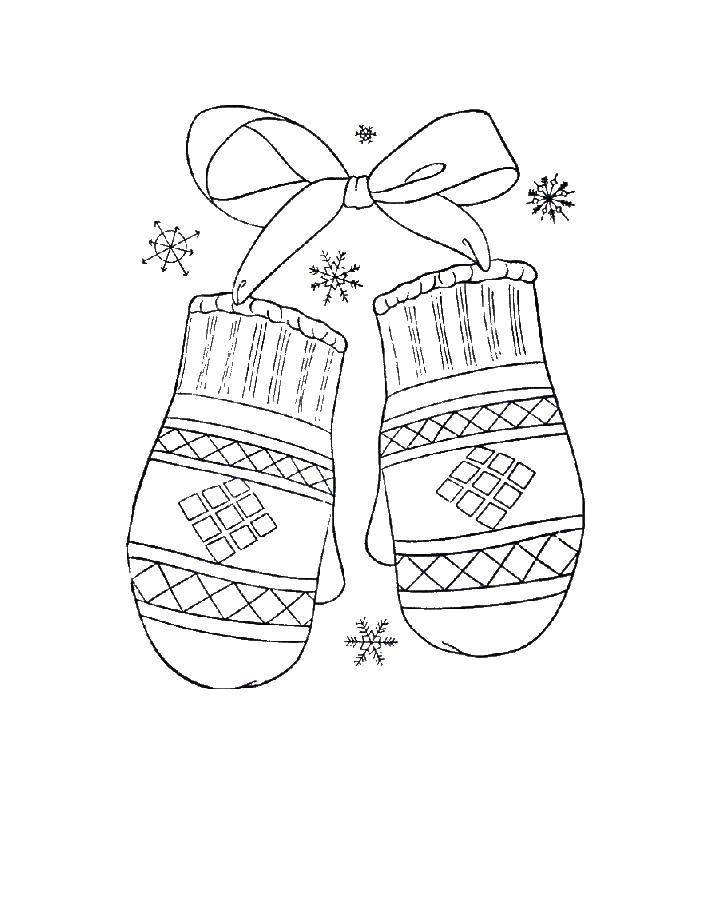 Раскраска на тему одежда для зимы: варежки, снежинки и бантики (варежки, снежинки, бантики, забавные, красочные)