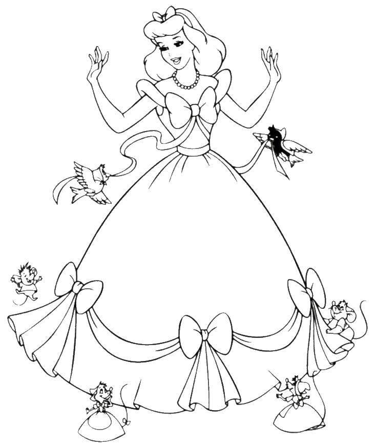 Раскраска золушки в красивом платье с птичками и мышками (золушка, птички, платье)