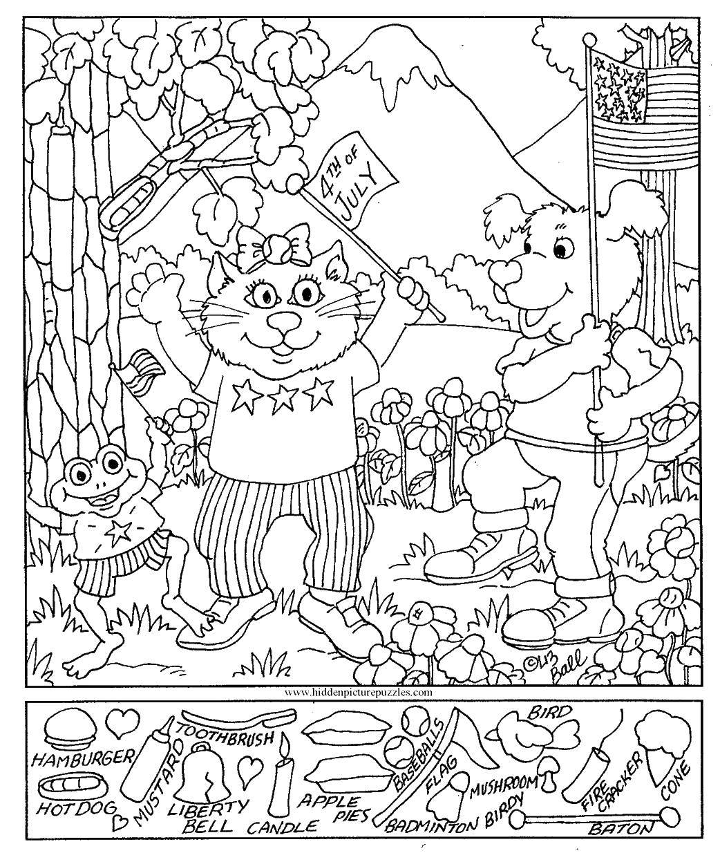 Раскраска с изображением кошки, собаки, мышки и флага (игры, сказки, праздники, флаг)