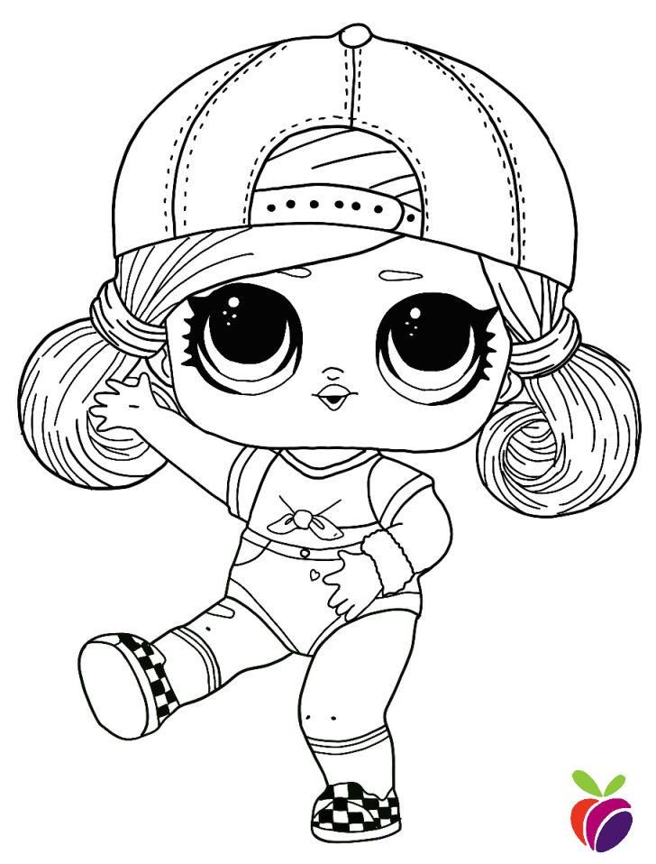 Раскраски для девочки с куклой ЛОЛ Sk8er Grrrl в бейсболке козырьком назад и волосами, собранными два хвостика внизу (лол, кукла, девочки, развивающие)