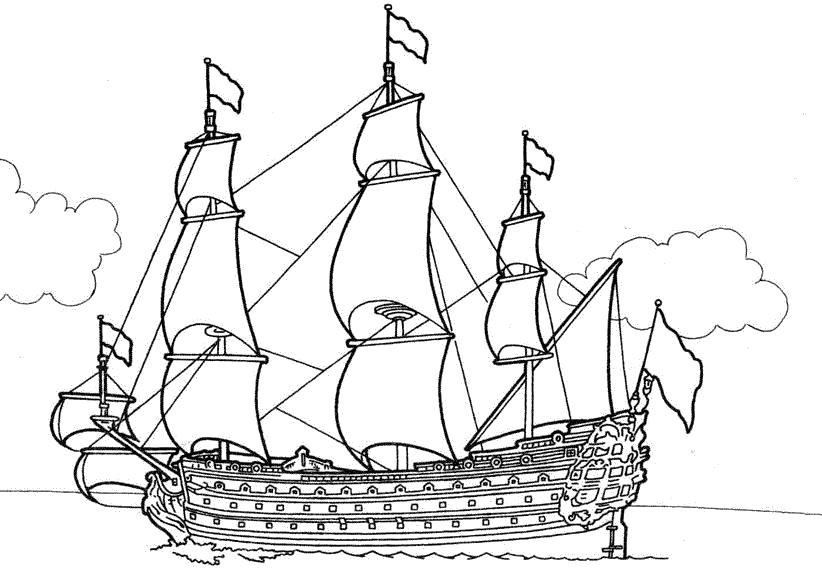 Раскраска для мальчиков - корабль на море