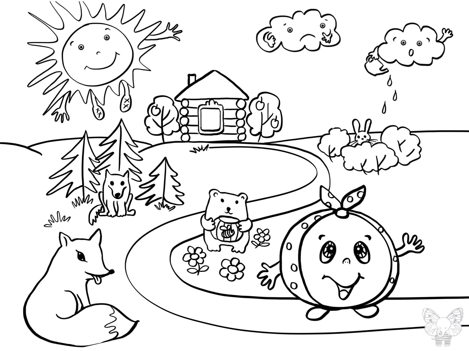 Раскраски с героями сказки Колобок для детей (колобок, лиса, заяц, волк, бабка)