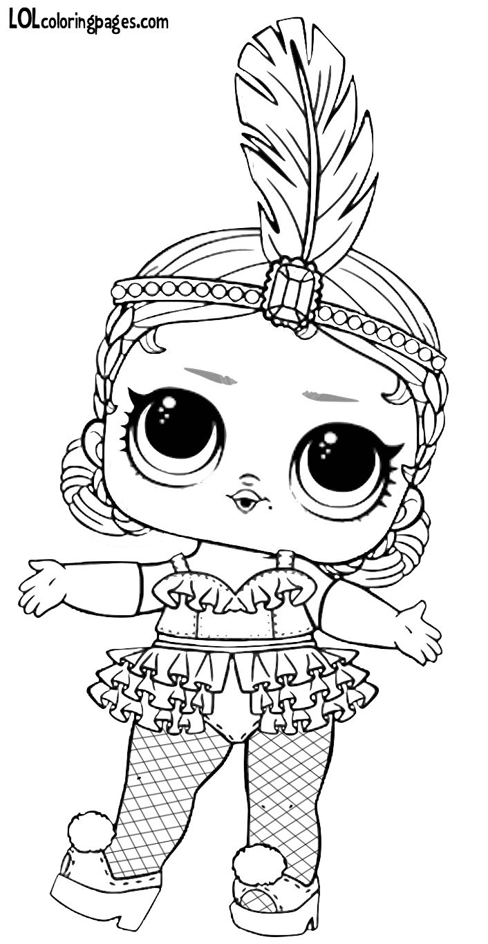 Раскраска куклы ЛОЛ в театральном костюме с диадемой и пером на голове, коротком платье ярусами для девочек (кукла, лол, девочки)
