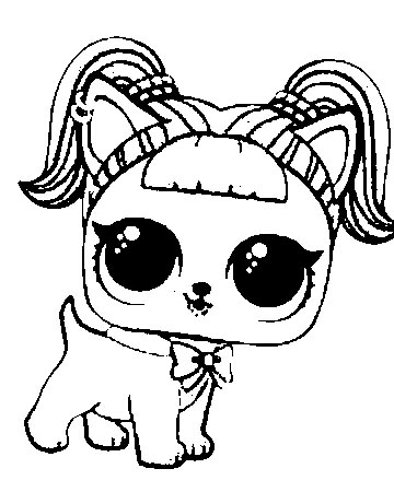 Раскраски куклы ЛОЛ с щенками: щенок двумя серьгами кольцами в ухе, бантиком на шее, волосами собранными хвостиками макушку головы (куклы, ЛОЛ)